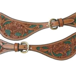 Ladies Western Two Tone Floral Stamped Spur Straps - Teal & Medium Oil - NEW