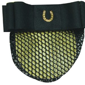 Clip-on Black Show Bow w/ Gold-tone Horse Shoe & Net Snood for Show Riders