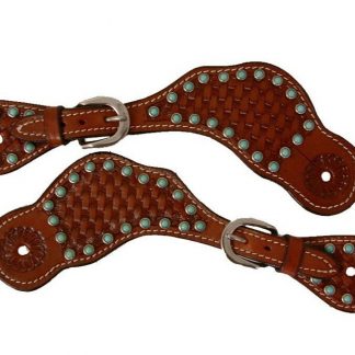 Ladies Western Basketweave Stamped Spur Straps w/ Turquoise Dots